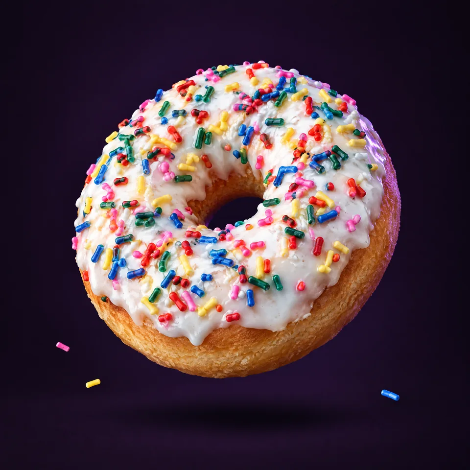 Dona de glaseado blanco con sprinkles de colores